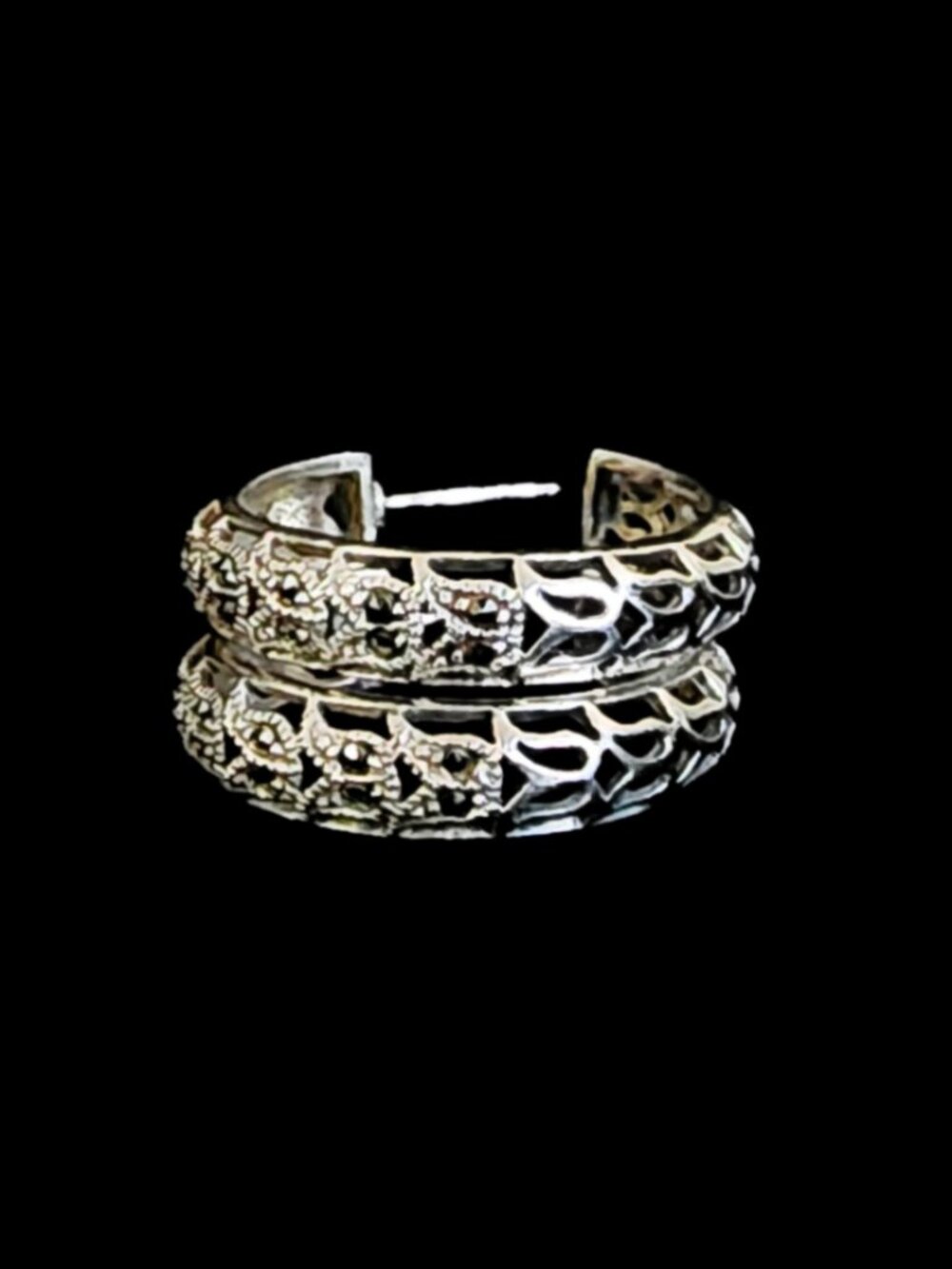Vintage 1990s 925 Sterling Silver Marcasite Hoop Earrings